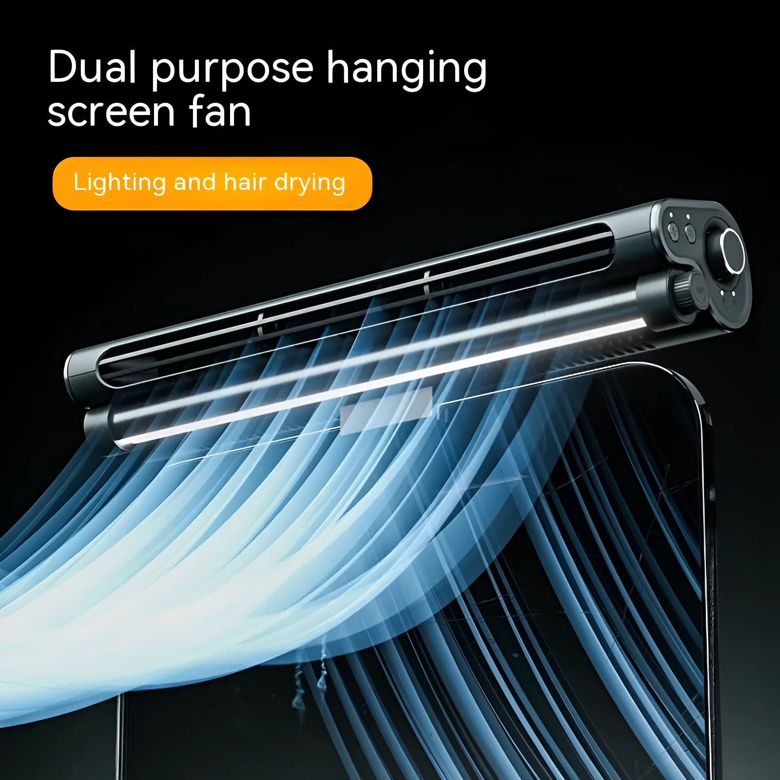 Black USB-powered bladeless clip-on laptop fan with integrated lighting lamp attached to computer screen