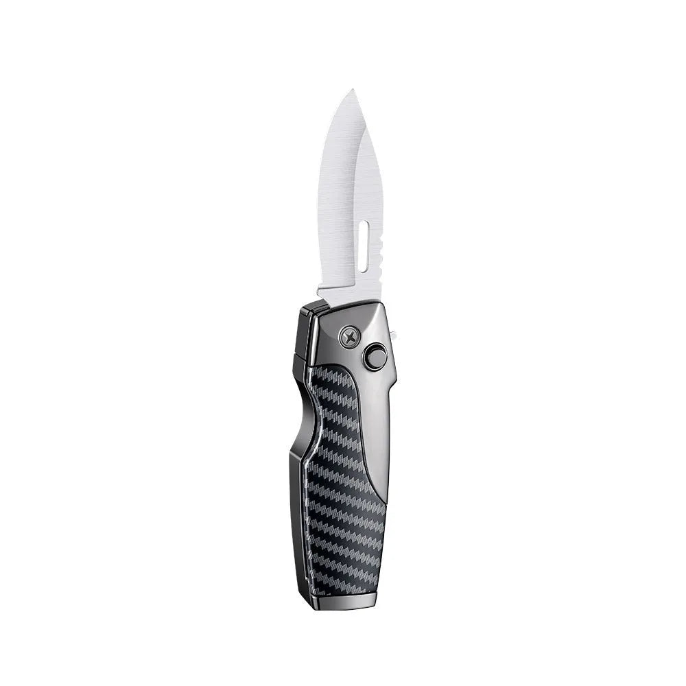 Zinc alloy folding lighter tool with integrated pocket knife blade, shown in a selection of wood grain and carbon fibre finishes.