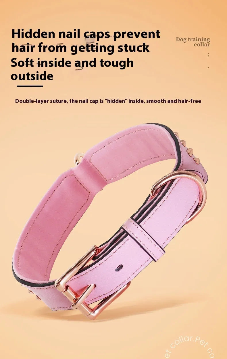 Leather dog collar with anti-bite rivets in black, chocolate, and pink colour options