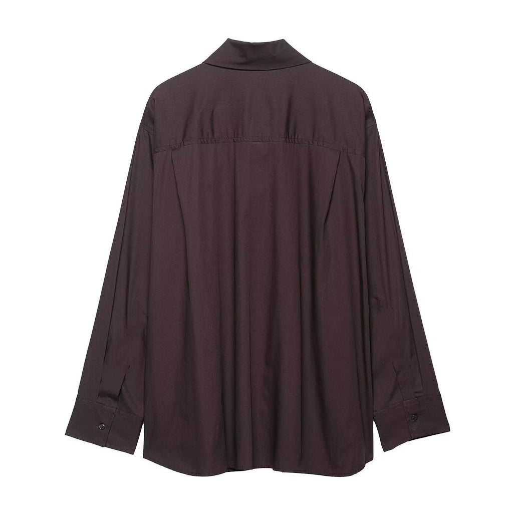 Brown women's poplin shirt with built-in bow tie scarf in loose cardigan style