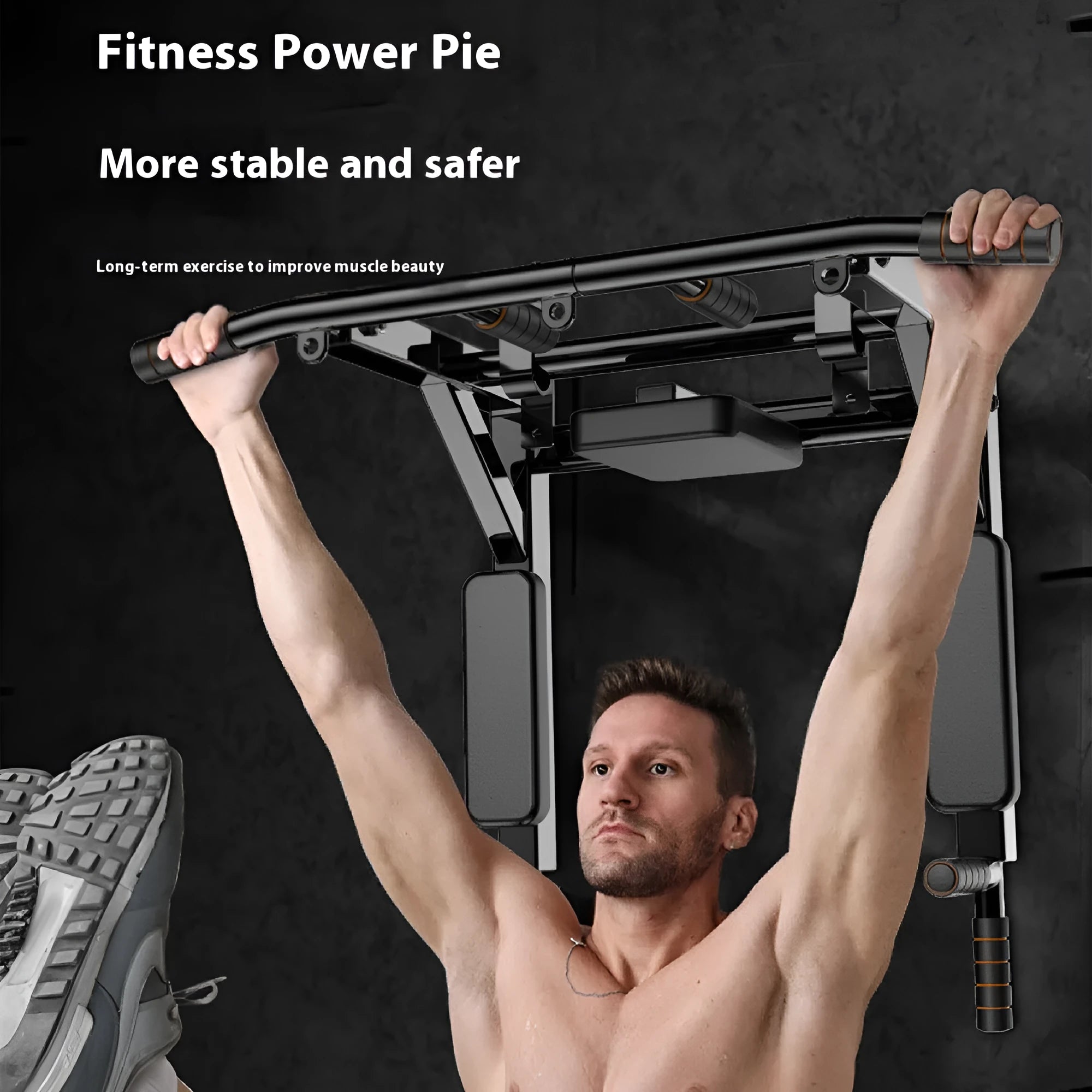 Black wall-mounted steel fitness station with sandbag rack above parallel bars and pull-up bar.