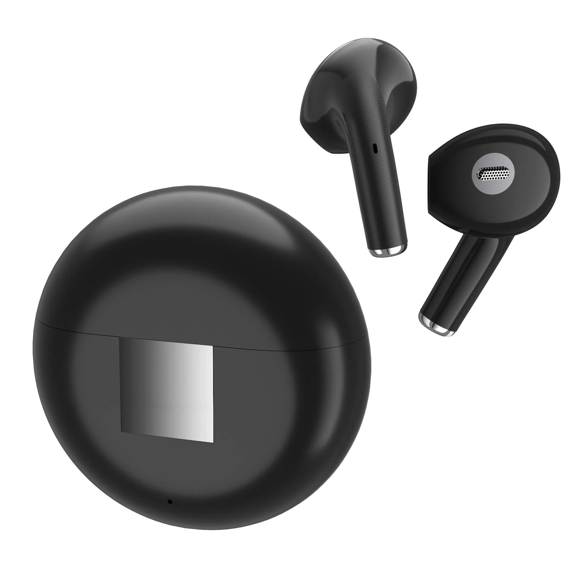 White Budz5 semi-in-ear Bluetooth headphones with charging case showing wireless design and noise reduction feature