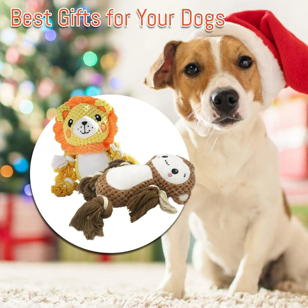 Two plush squeaky dog toys: yellow lion design and brown monkey design with internal squeakers