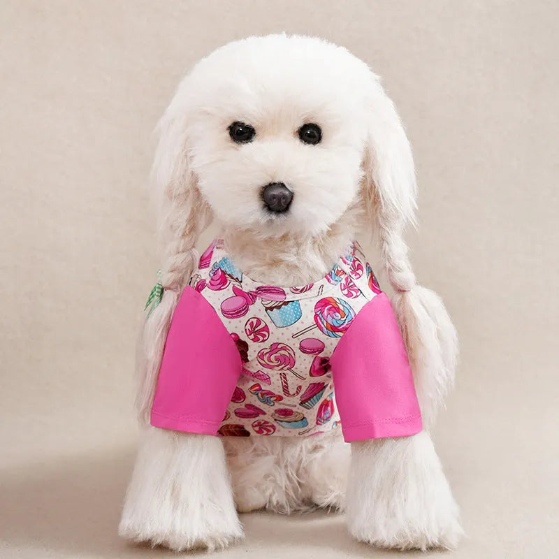 Polyester dog t-shirt with full-body printed design shown in multiple colour options and sizes
