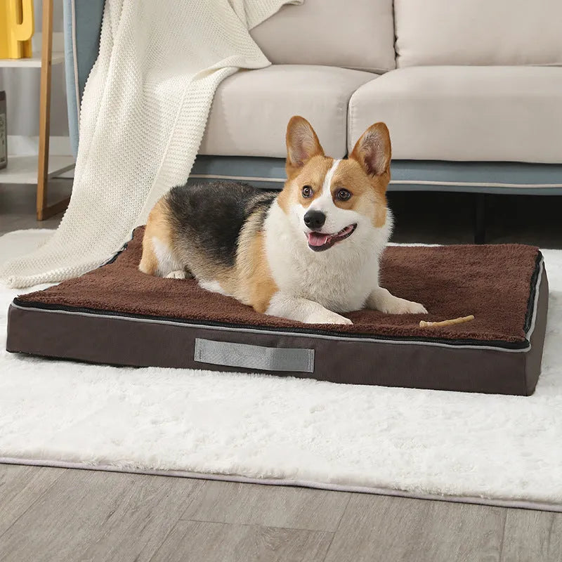 Removable washable sponge dog bed mat in brown, shown in a 90x70cm size.
