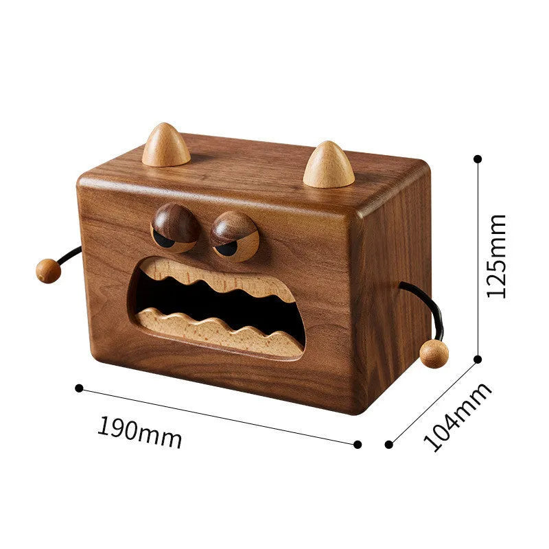 Cartoon bee and monster design wooden tissue box in walnut beech wood.