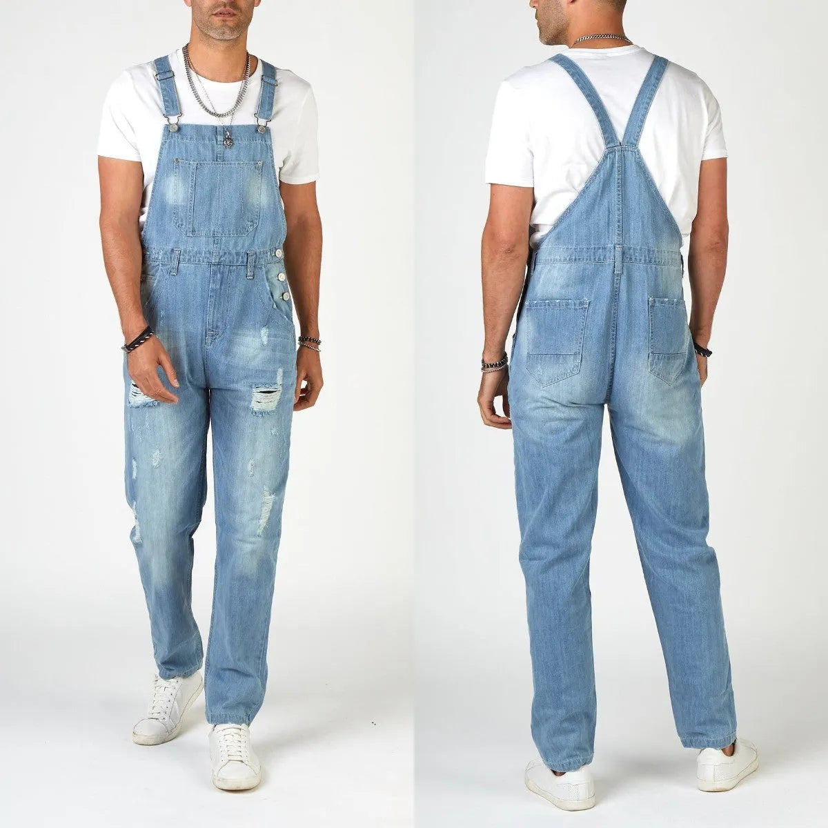 Light blue men's suspender jeans with ripped detailing, straight leg cut, and button cardigan closure