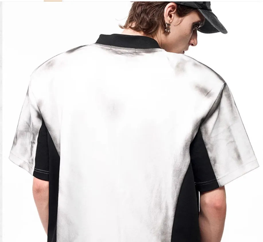 Women's short sleeve V-neck polyester shirt with snake letter print and padded shoulders.