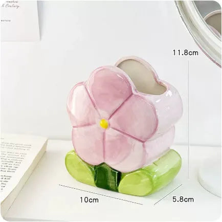 Ceramic tulip flower pen holder storage box measuring 11.8x5.8x10cm in blue floral design