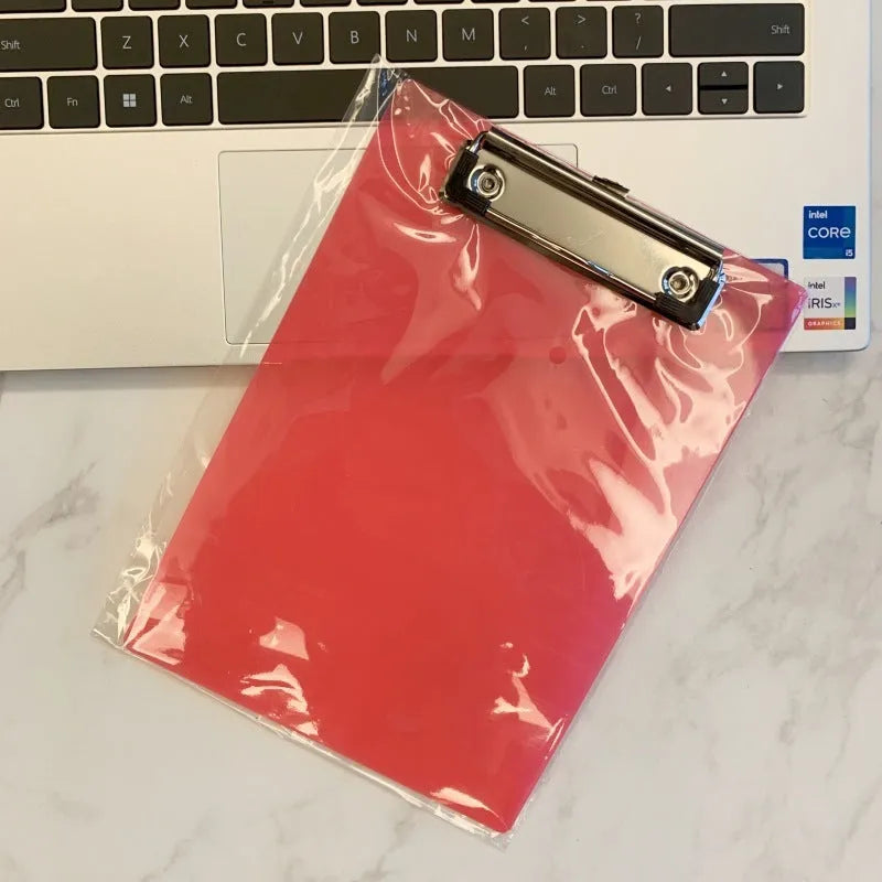 Transparent A4 plate holder with metal clip in blue, green, red, and white colour options