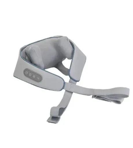 Milky white rechargeable shoulder and neck massager unit with USB charging cable.