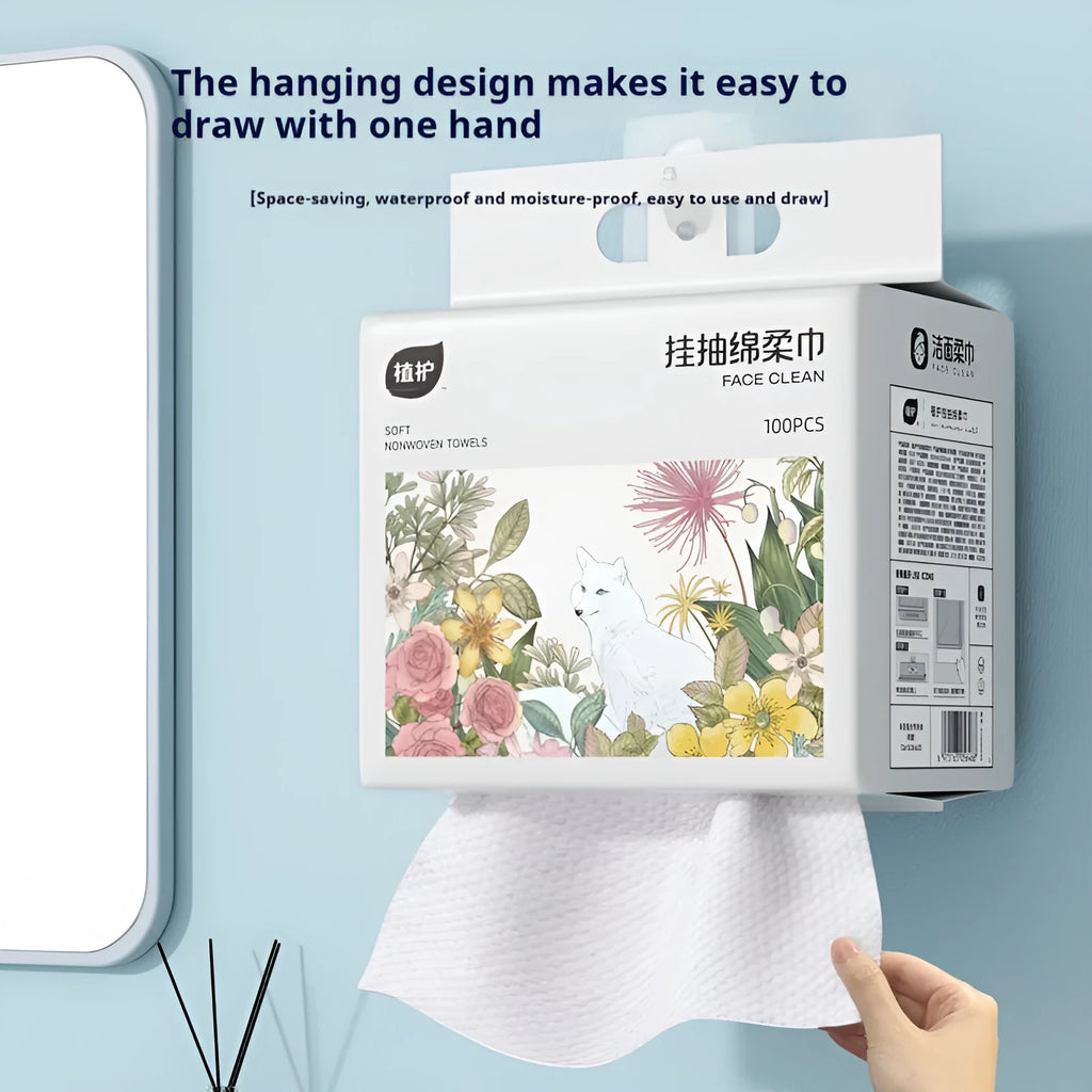 Disposable hanging roll of 100 soft face cloths made from viscose and polyester blend