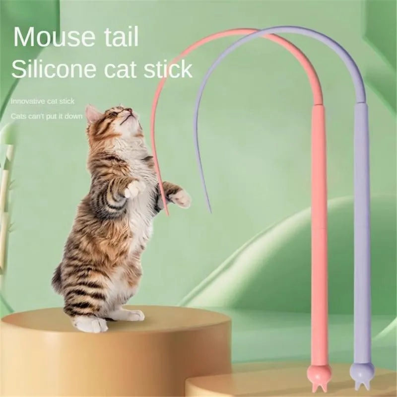 Simulated mouse tail cat toy with blue silicone tail and cat head design measuring 80cm long