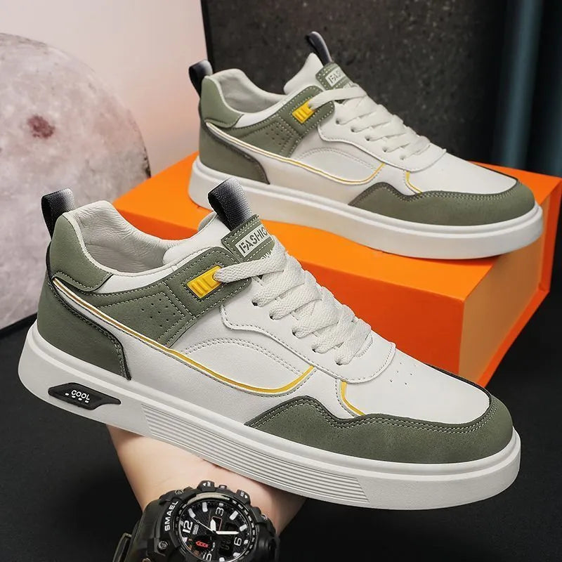 Men's low-top canvas board shoes in beige with leather stitching and mesh lining.