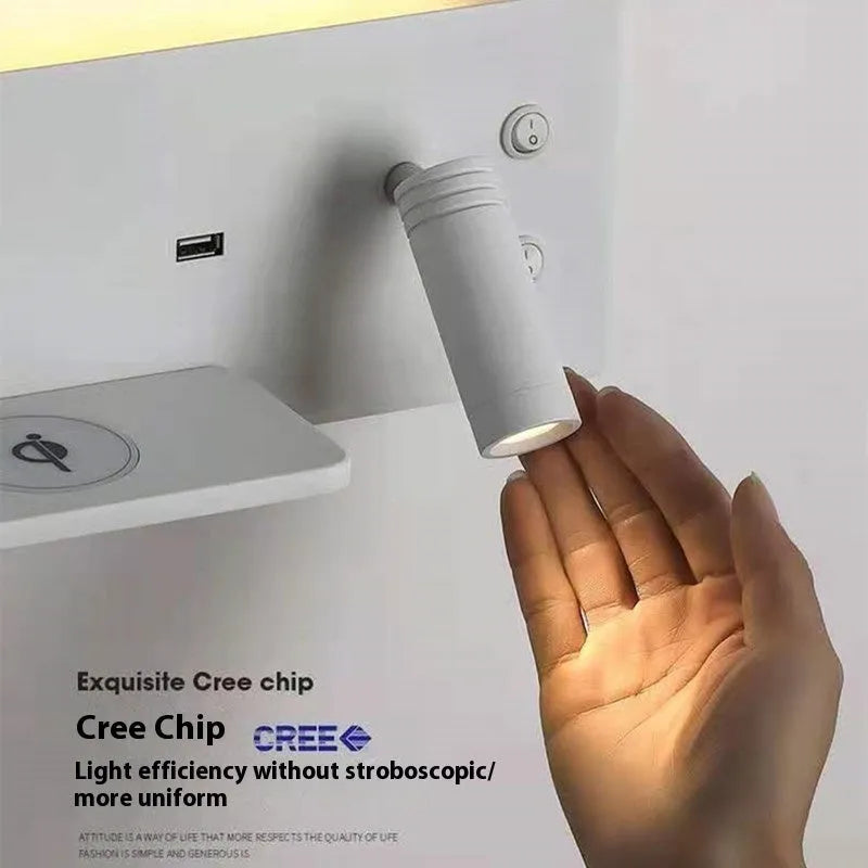 Modern bedside wall lamp with wireless charging base and warm LED light in iron shade