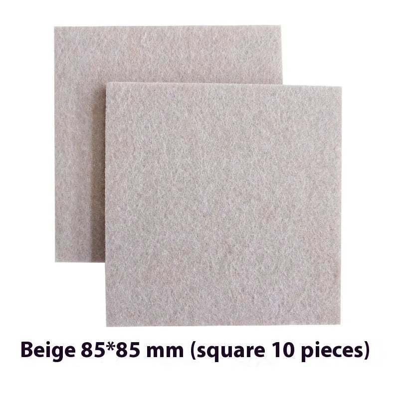 Assorted beige plastic chair leg stoppers in round and square shapes on a wooden floor.