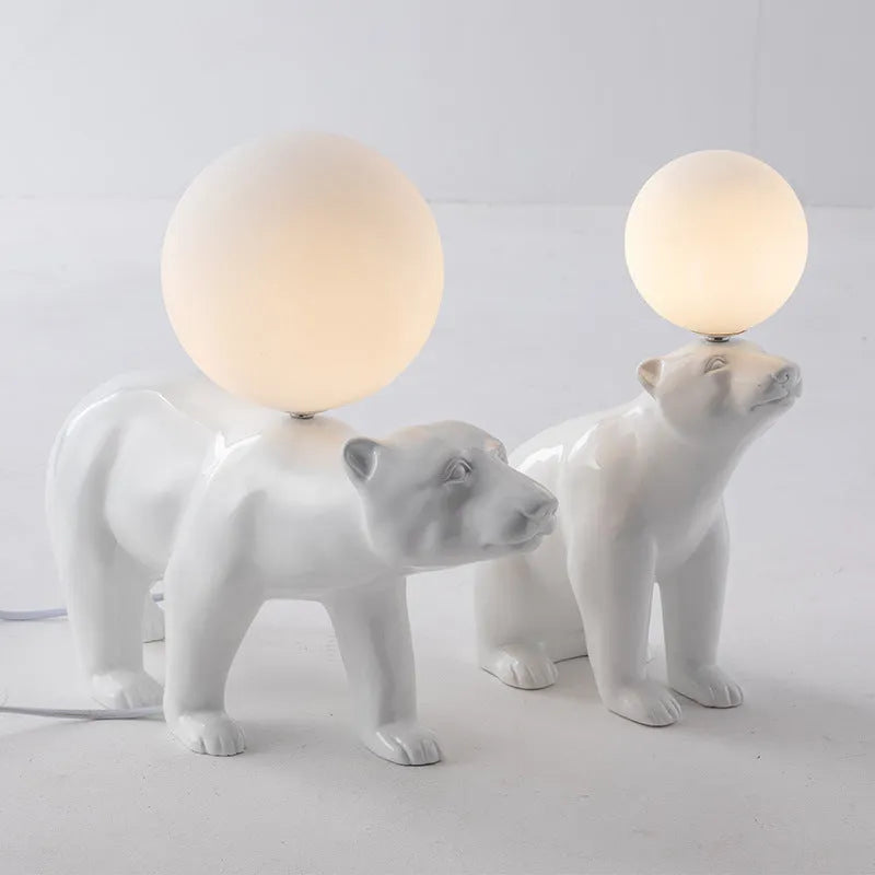 Modern Nordic style white bear table lamp in sitting posture on bedside table
