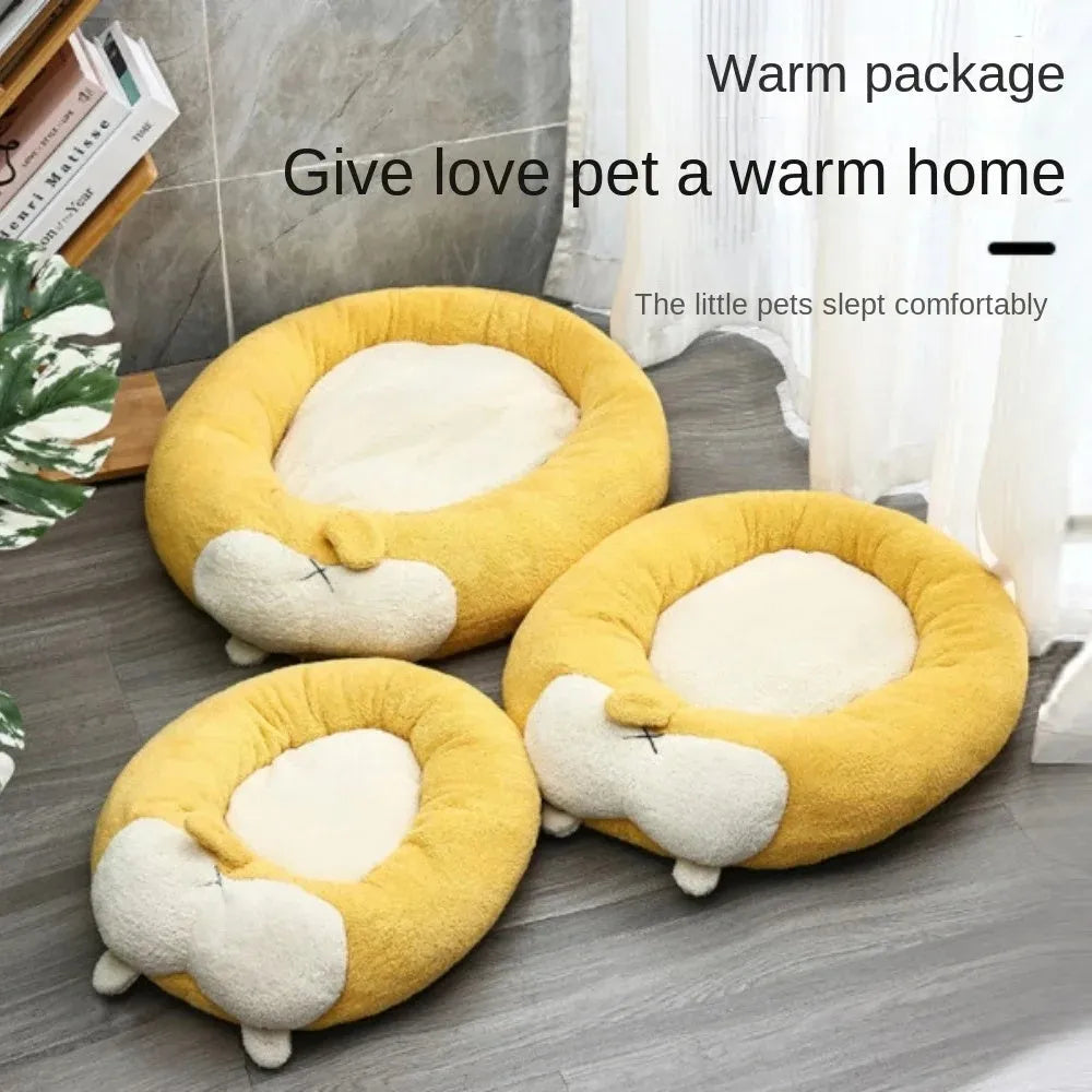 Corgi shaped plush pet bed for dogs and cats in three size options