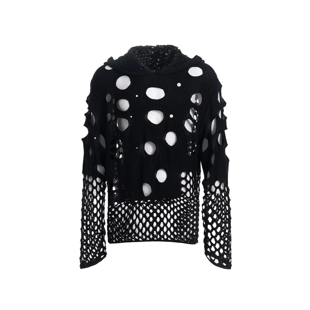 Men's black hollow knit hooded sweater with pearl decorative trim, loose fit pullover style