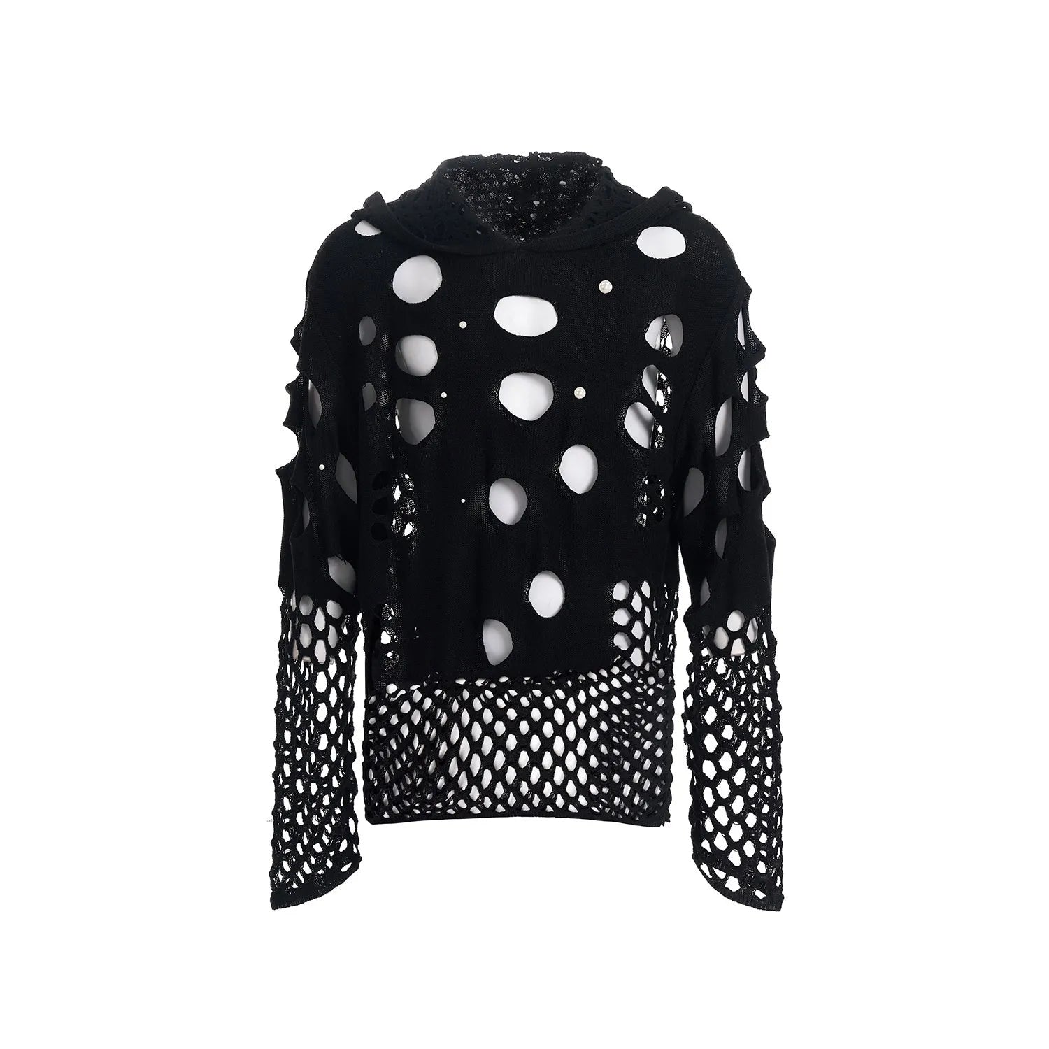 Men's black hollow knit hooded sweater with pearl decorative trim, loose fit pullover style