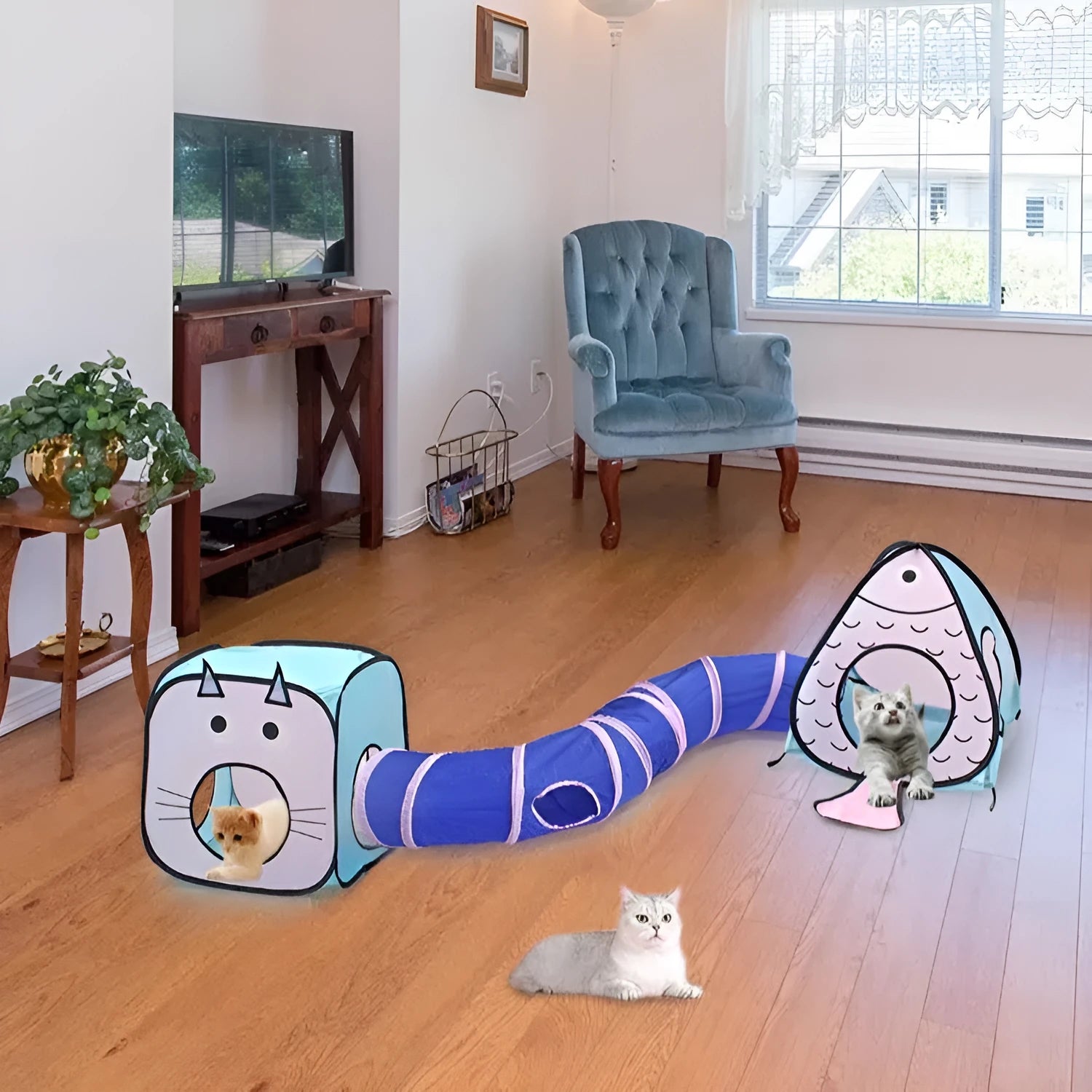 Foldable pet tent tunnel with attached cat toy and fish toy in Cat Fish colour scheme
