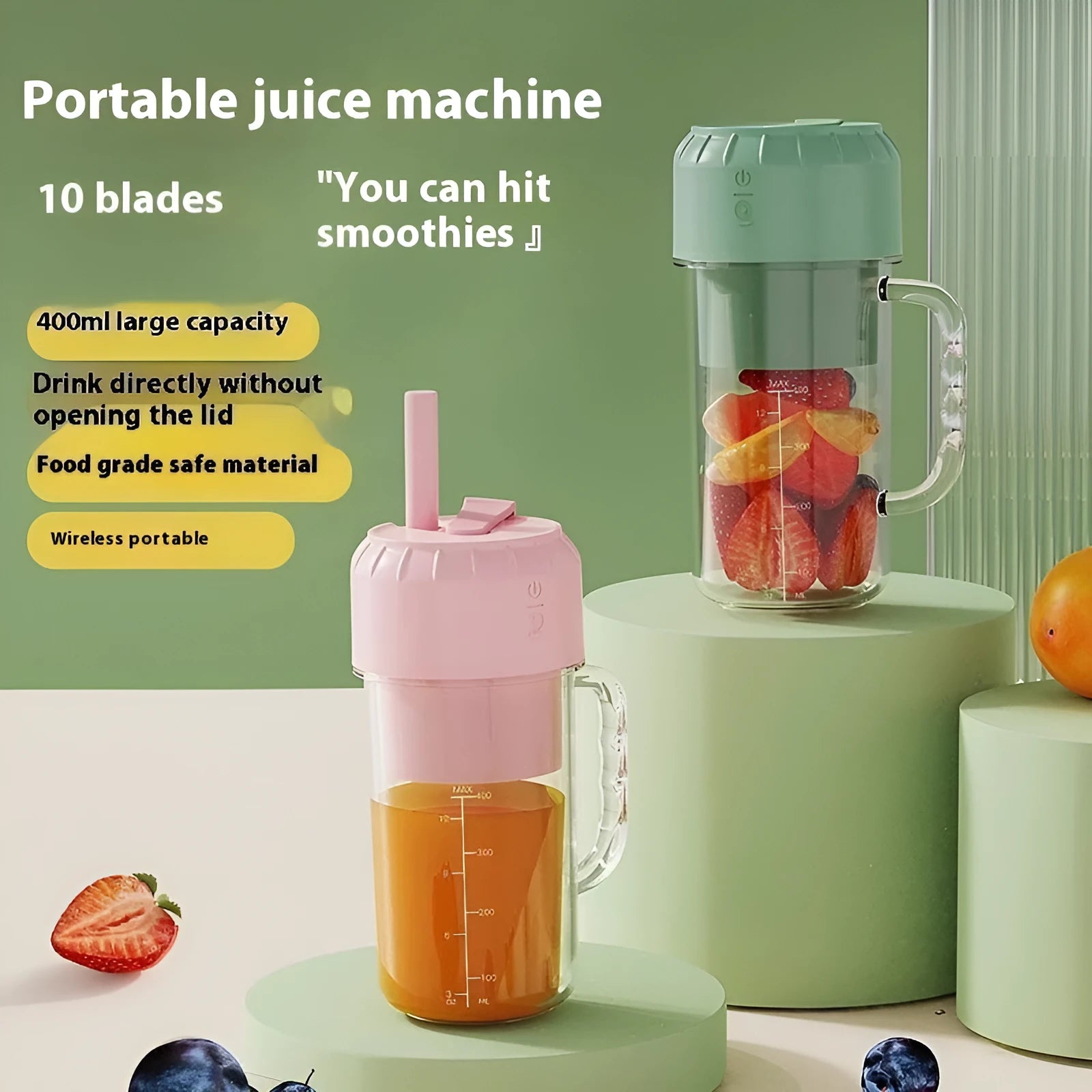 Portable USB juicer in cherry blossom pink or avocado green with multiple blade options
