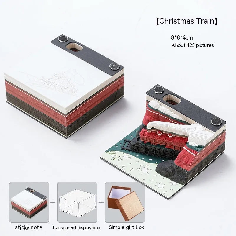 3D paper carving sticky notes with a raised Christmas Train design on the cover.