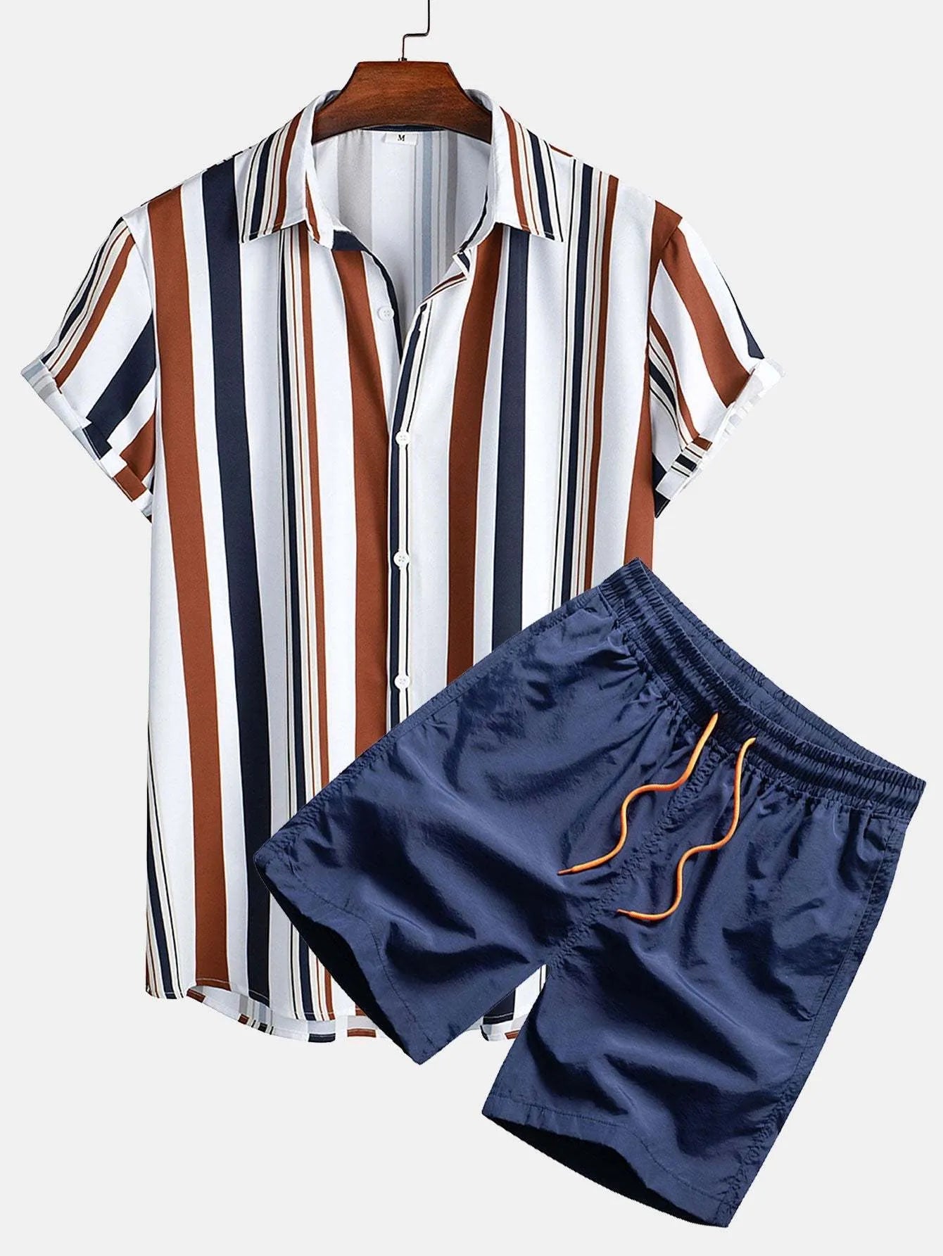 Man wearing a digitally printed short sleeve cardigan and matching shorts casual suit.