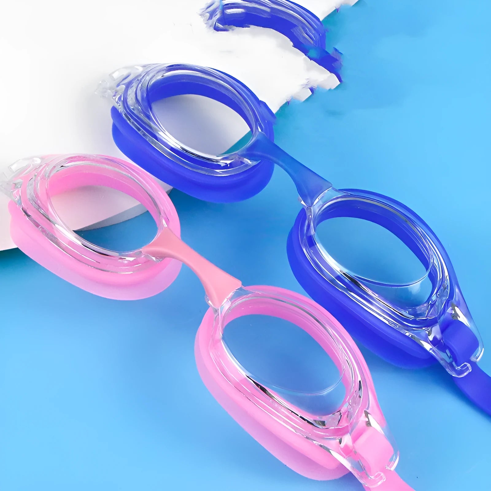 Black HD swimming goggles with a corrective lens for myopia, shown with a protective case.