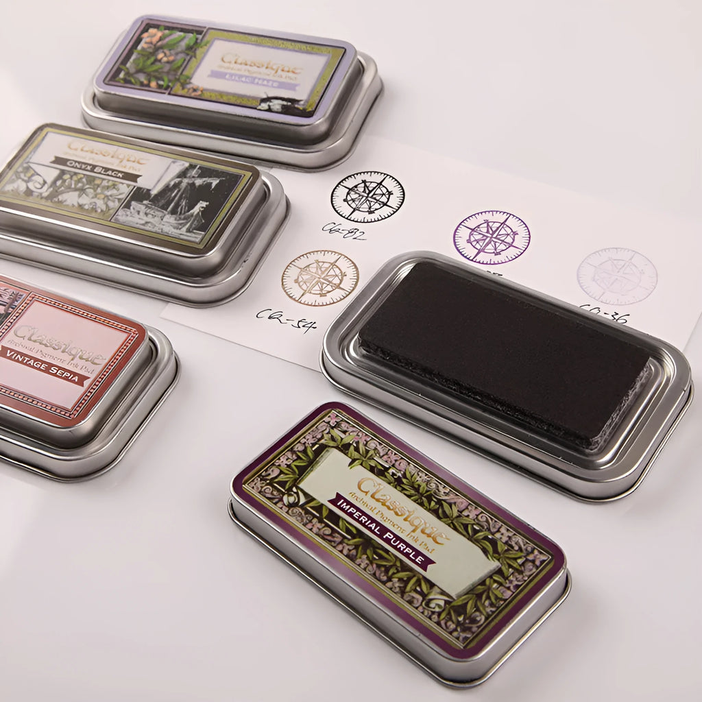 Quick-drying oily ink pad for rubber stamps in rectangle shape, showing colour options.
