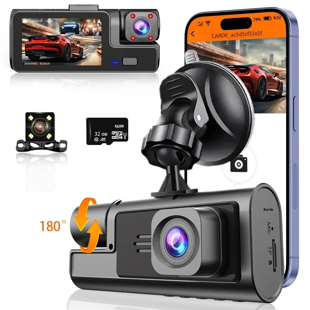 Black car dash cam with a 2-inch screen mounted on a windscreen, showing a rear-view parking image.
