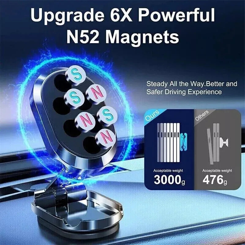 Chrome alloy folding magnetic car phone holder showing extended and folded positions on dashboard