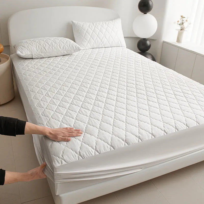 Diamond lattice quilted waterproof mattress protector set in bamboo fibre with fitted sheet and pillowcases