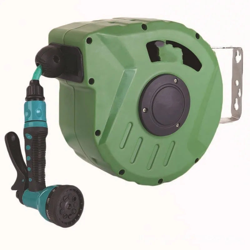 Automatic retractable hose reel with 10 metre PVC water pipe on a compact drum unit.