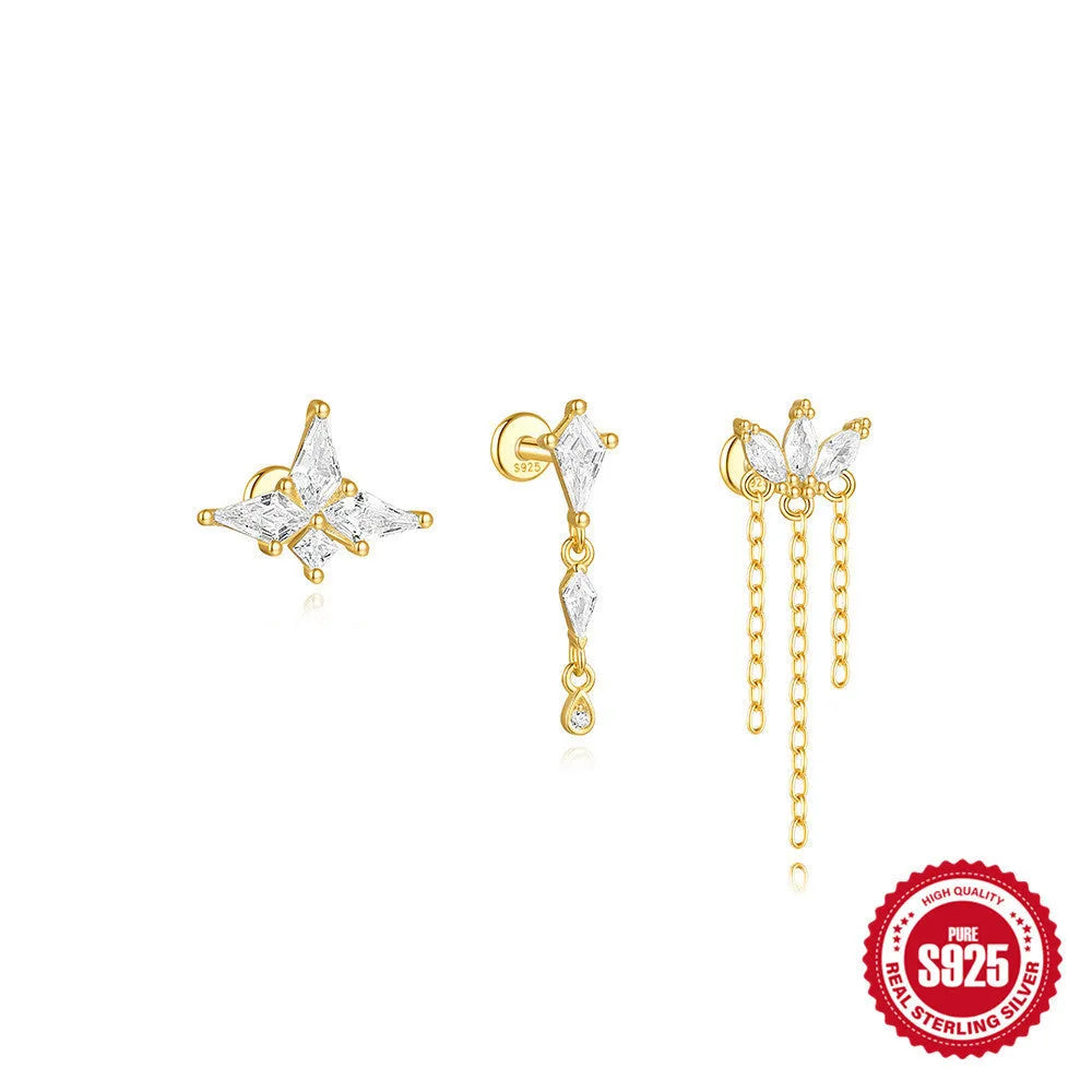 S925 sterling silver geometric kite earrings with rhinestone-encrusted chain tassel flat head