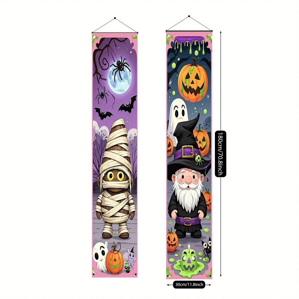 A pair of long, narrow orange and black Halloween-themed polyester hanging banner decorations.