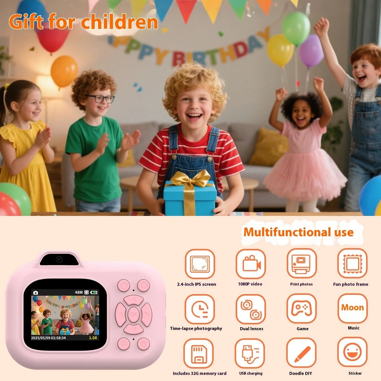 Children's plastic digital camera toy in pink, blue or purple with video recording and game functions