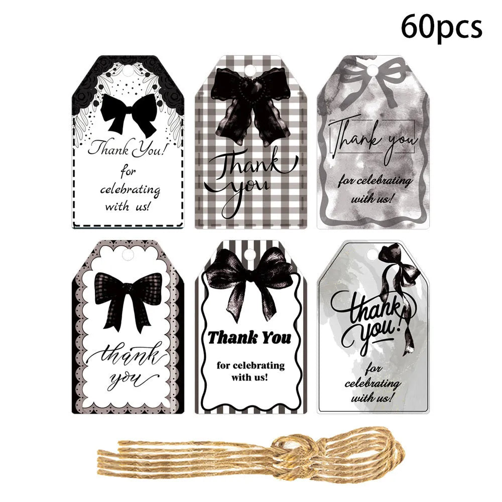Three design styles of bowknot birthday gift tags with natural hemp rope ties