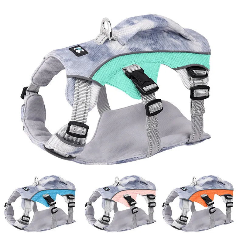Reflective pet cooling chest strap harness in light blue, pink, dark blue, or orange colours