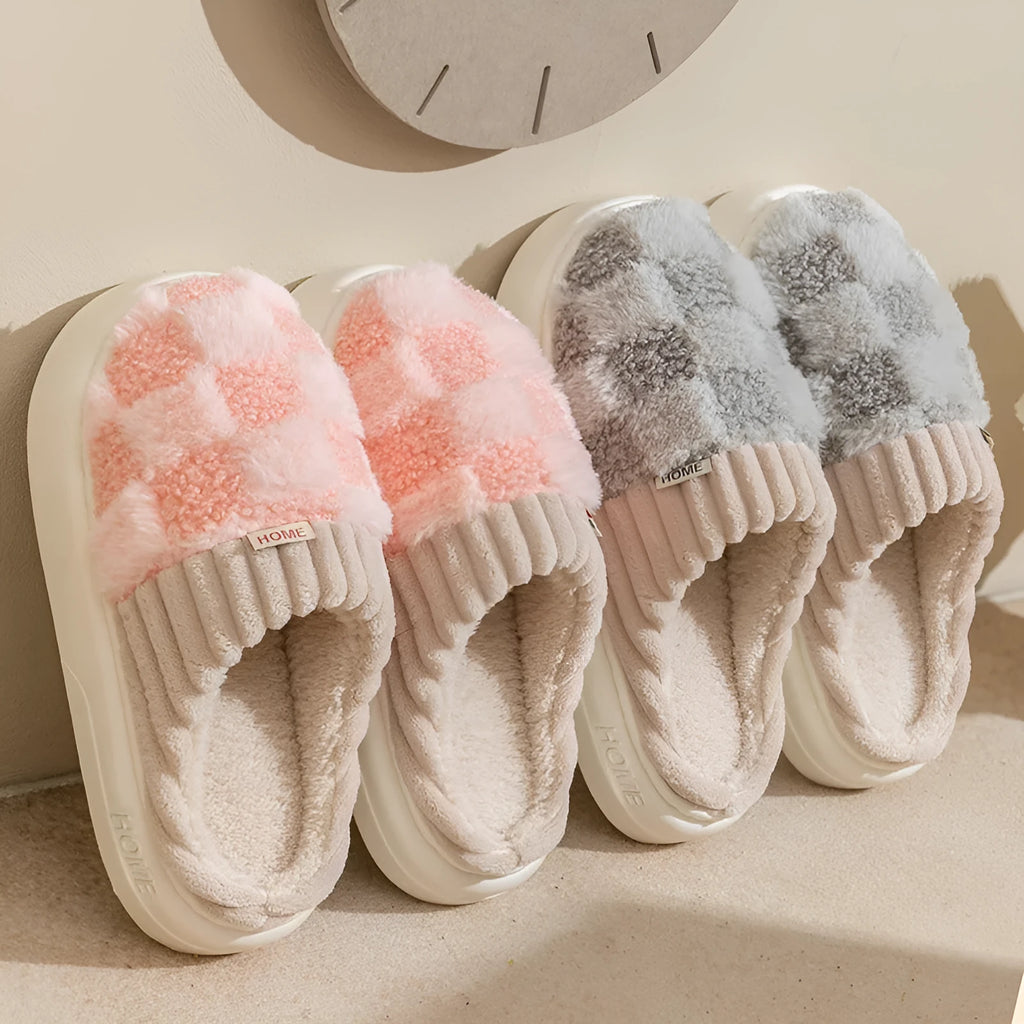 Women's plush coral velvet indoor slippers with a non-slip PVC sole, shown in various colours.