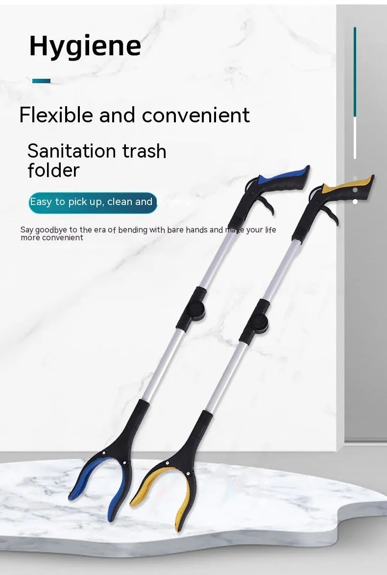Foldable aluminium garbage clamp with blue handle and magnet sucker, shown extended and collapsed.