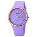 A women's quartz watch with a 42mm white dial on a light blue silicone strap with a stainless steel pin buckle.