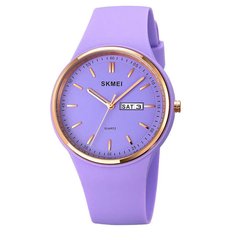 A women's quartz watch with a 42mm white dial on a light blue silicone strap with a stainless steel pin buckle.