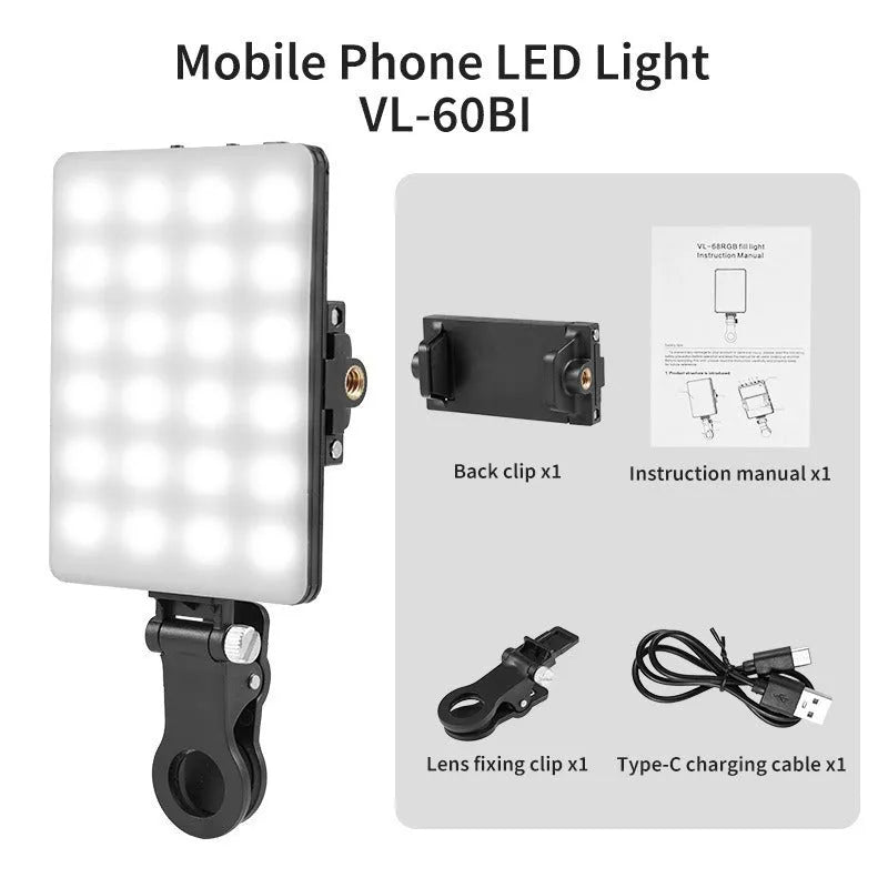 LED pocket fill light with clip attached to mobile phone for photography