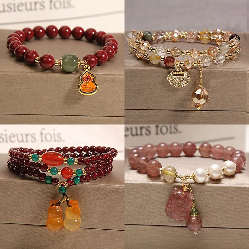 Women's multi-layer crystal bracelet in Korean style with garnet, pearl, quartz, jade and moonstone pendants.