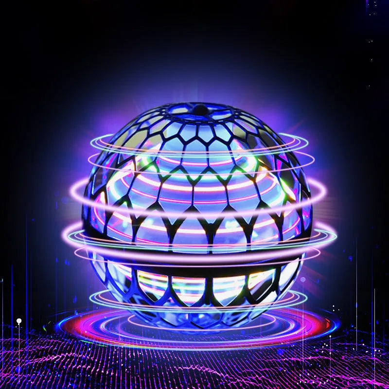 Blue spinning flying ball toy with LED lights hovering above a child's hand, next to a magic wand.
