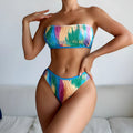 Colour printed polyester tube top bikini set with matching briefs for swimming