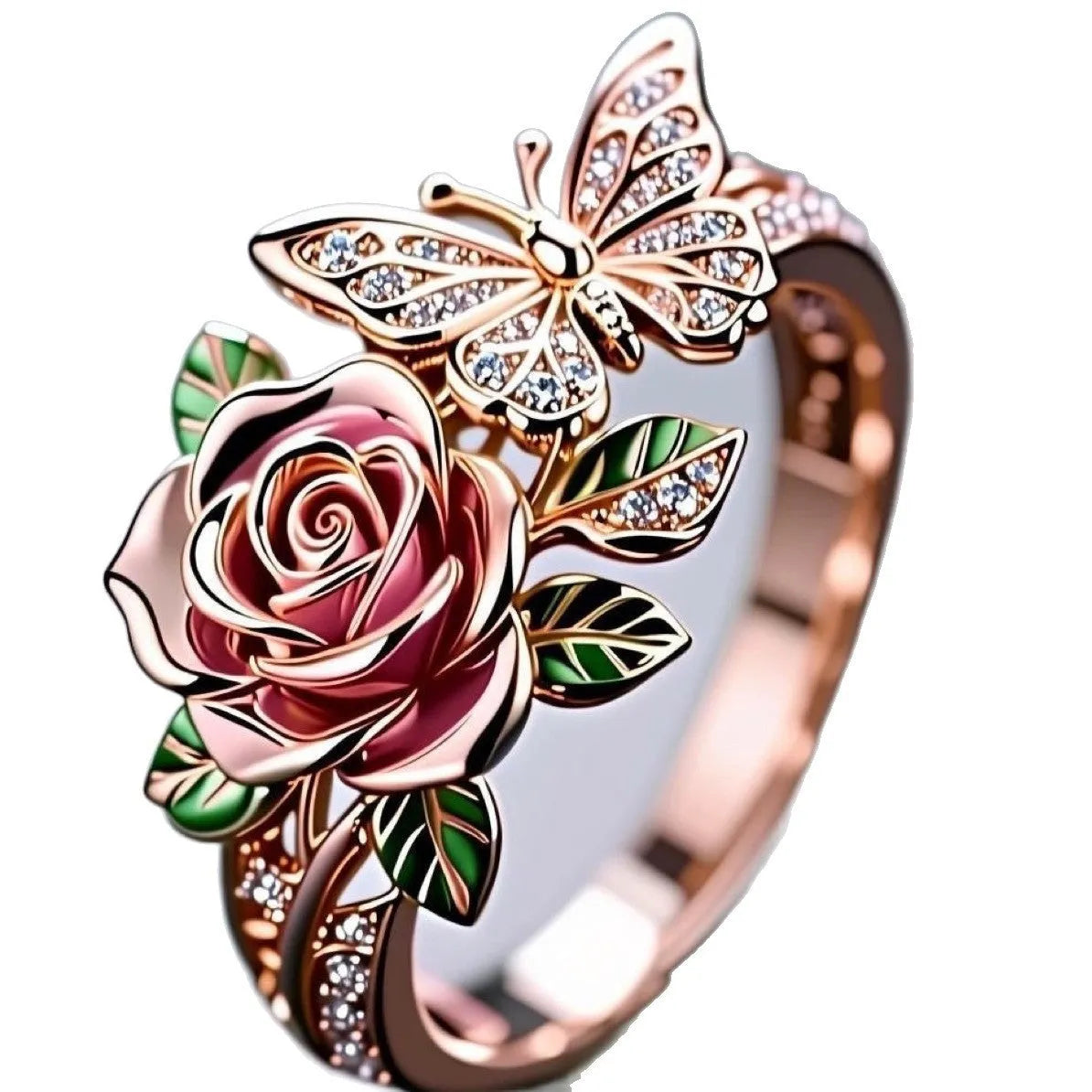 Adjustable butterfly personality ring with colourful oil drip finish showing floral and insect details