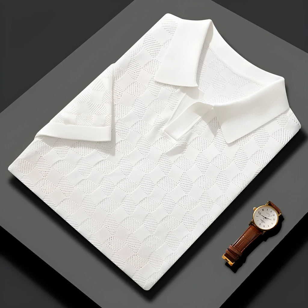 Men's mulberry silk short sleeve business casual sweater with lapel collar in neutral colours