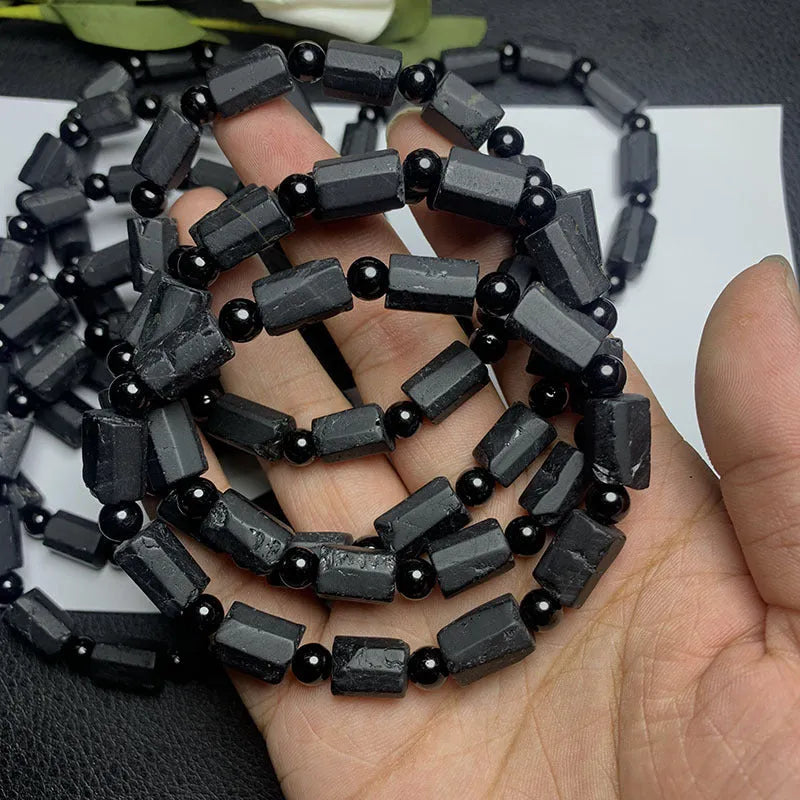 Natural black tourmaline rough stone unisex bracelet, 10mm size with Seiko processed beads.
